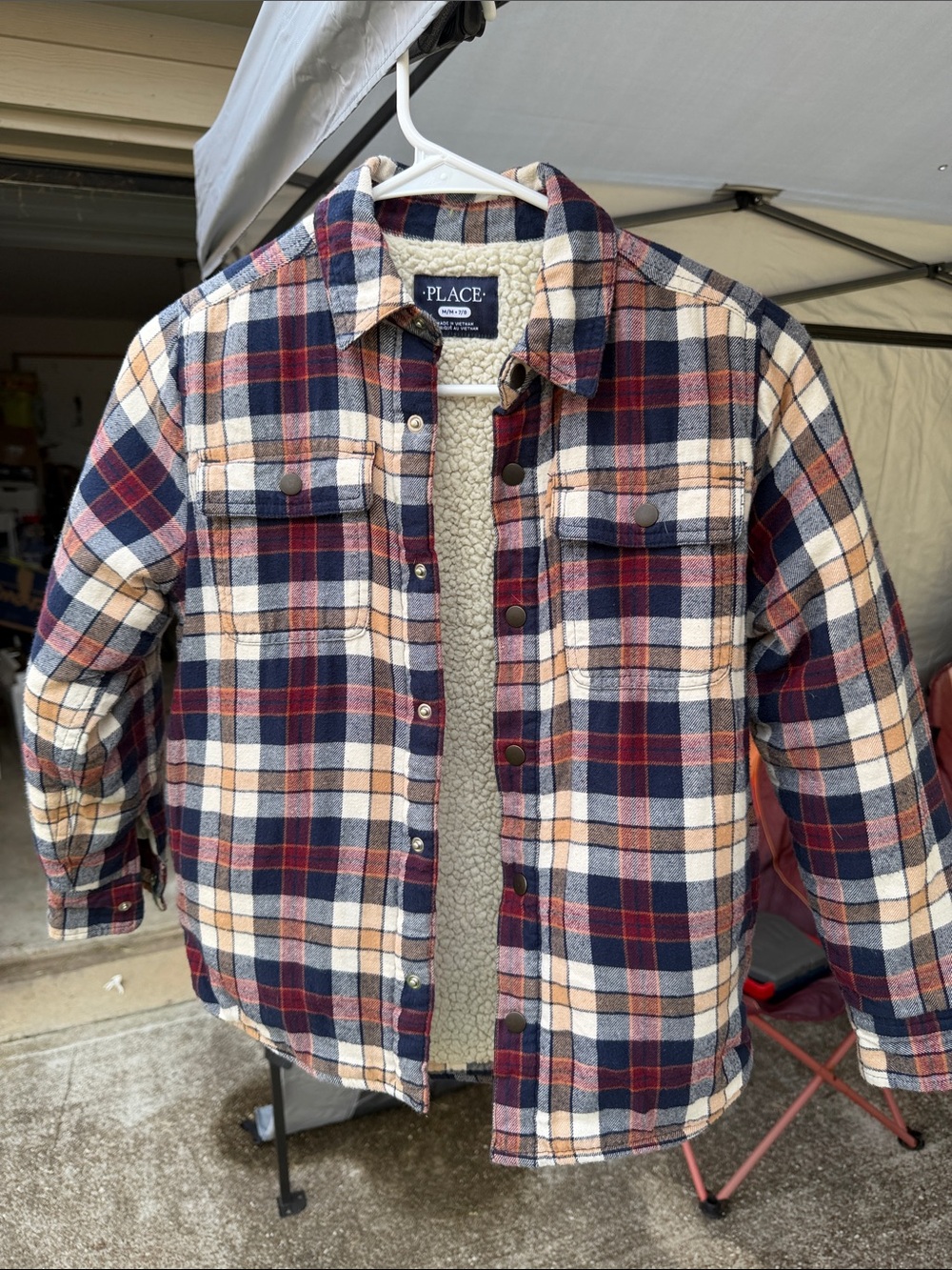 The Children's Place Navy Red Cream Plaid Sherpa Shirt Jacket
